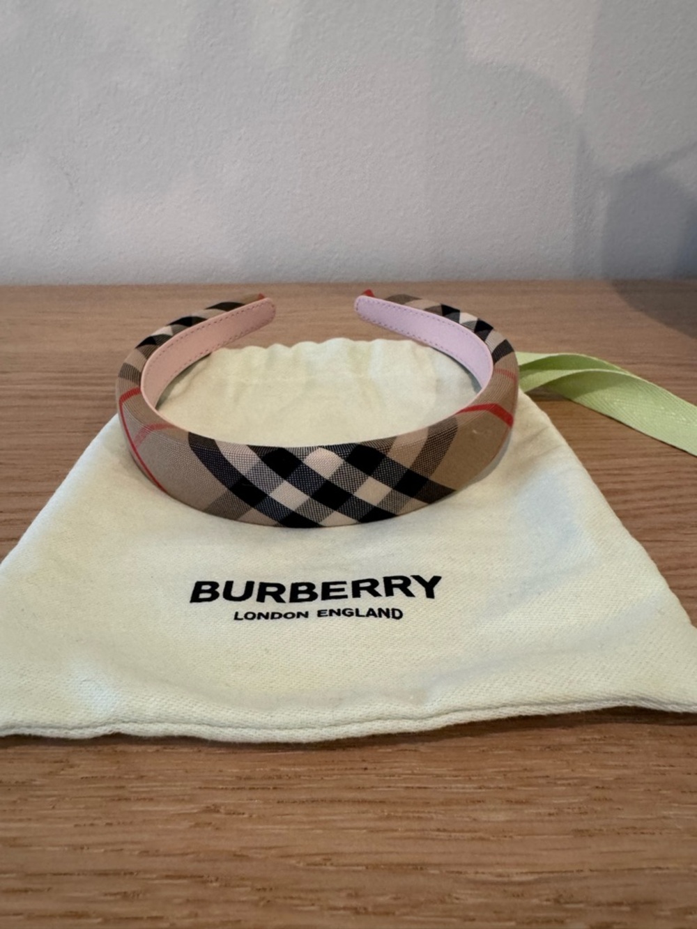 Burberry Beige Check Headband with Pink Interior and Red Accent